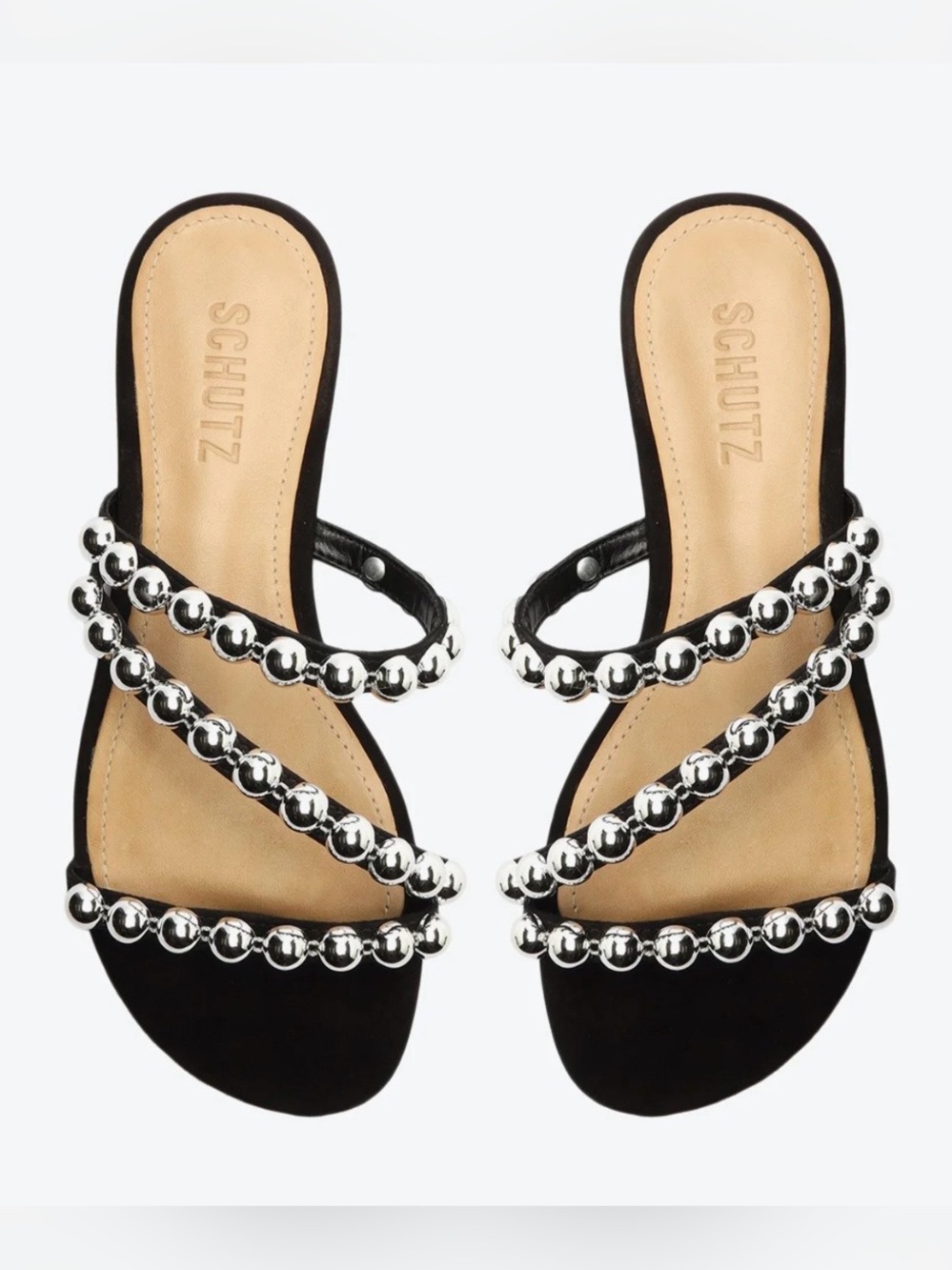 Schutz Black Suede Flat Silver Metallic Studded Strappy Sandals Size 6